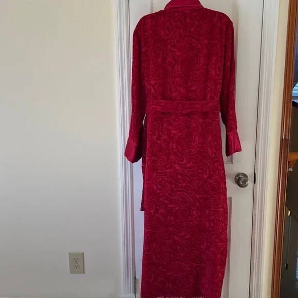 Velvet Burnout Satin Wrap Robe Long Shawl Collar Belt Pockets Women M Red Floral - Picture 9 of 17
